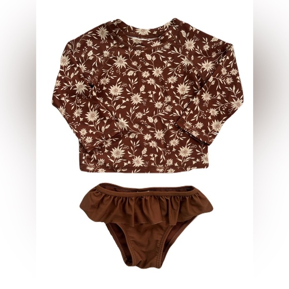 Rylee + Cru Brown Floral Kids Swimsuit Set - Picture 1 of 2